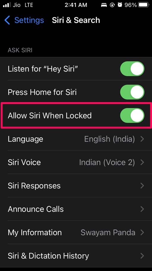 enable Allow Siri when locked