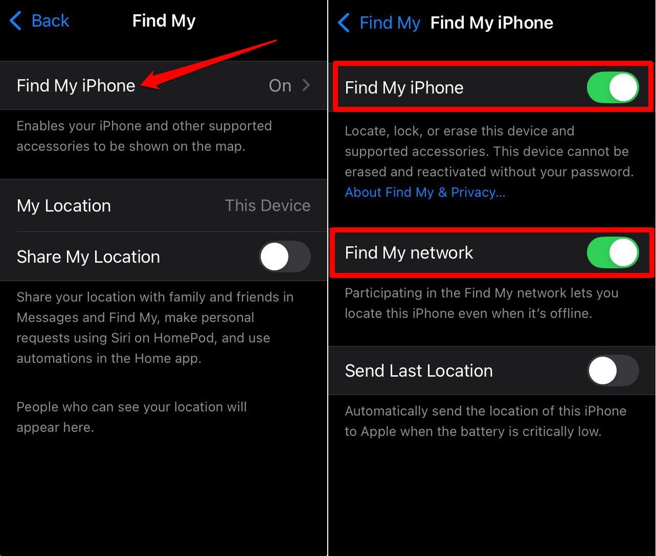 enable Find my network on iOS