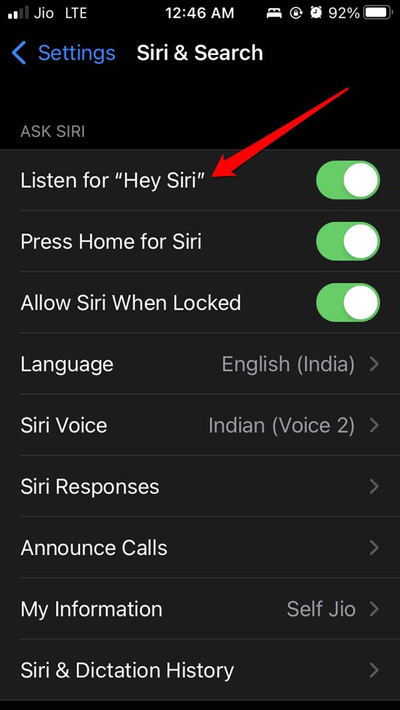 enable Listen for Hey Siri