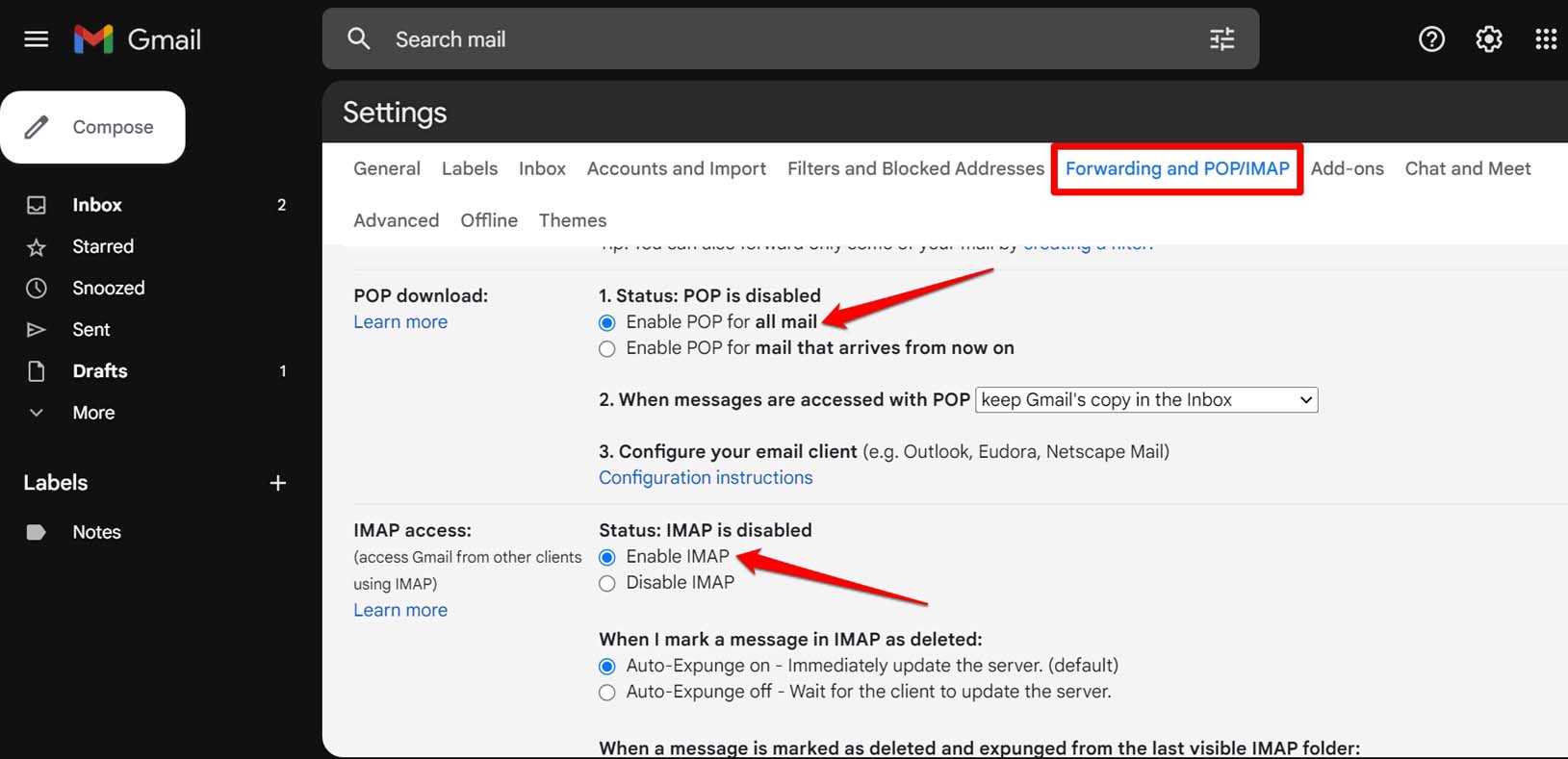 enable POP and IMAP in Gmail settings