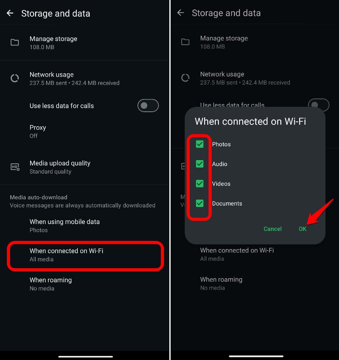 enable WhatsApp media auto download on WiFi network