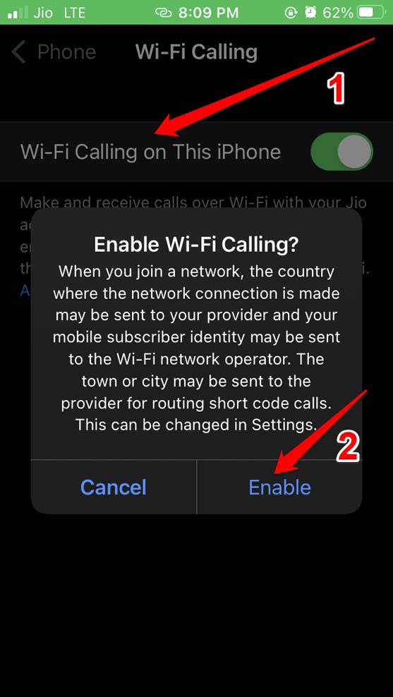 enable WiFi calling on iPhone