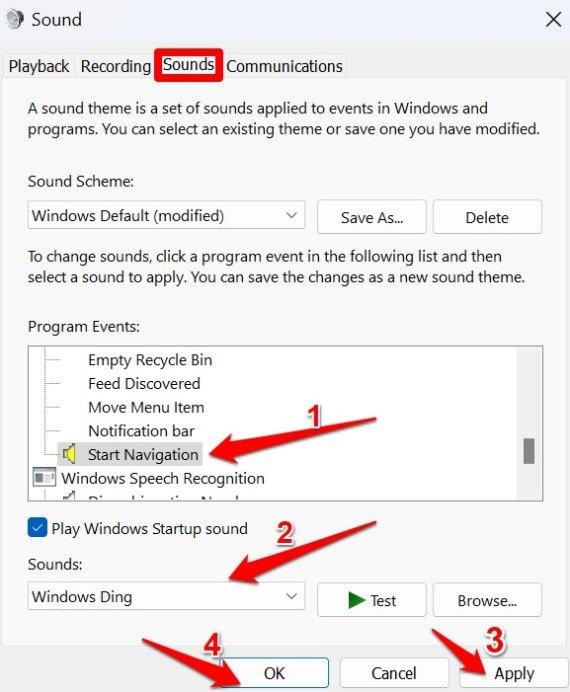 enable a sound for mouse click on Windows