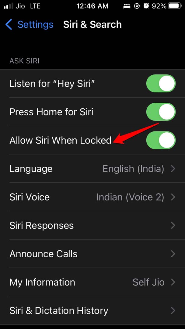 enable allow Siri when locked