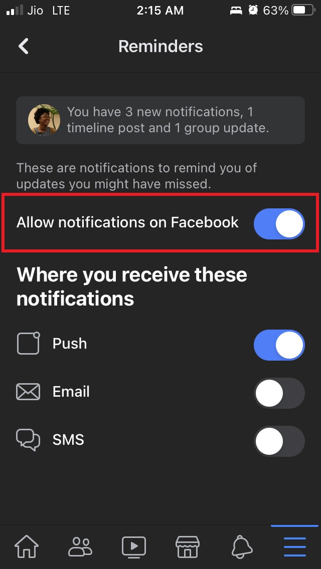enable allow notifications on Facebook