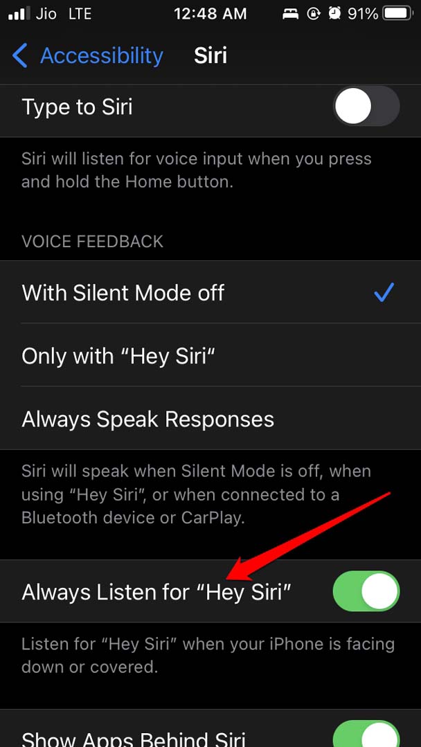 enable always listen for Hey Siri