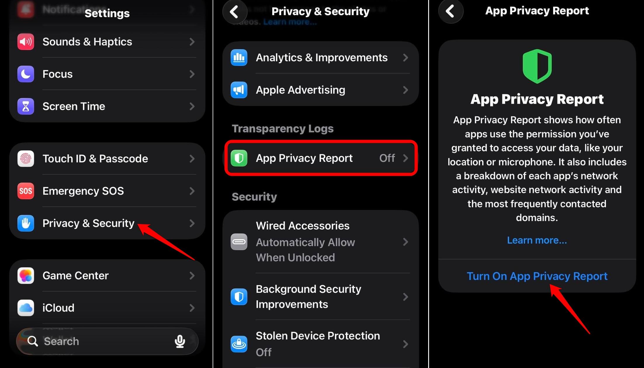 enable app privacy report on iOS 26