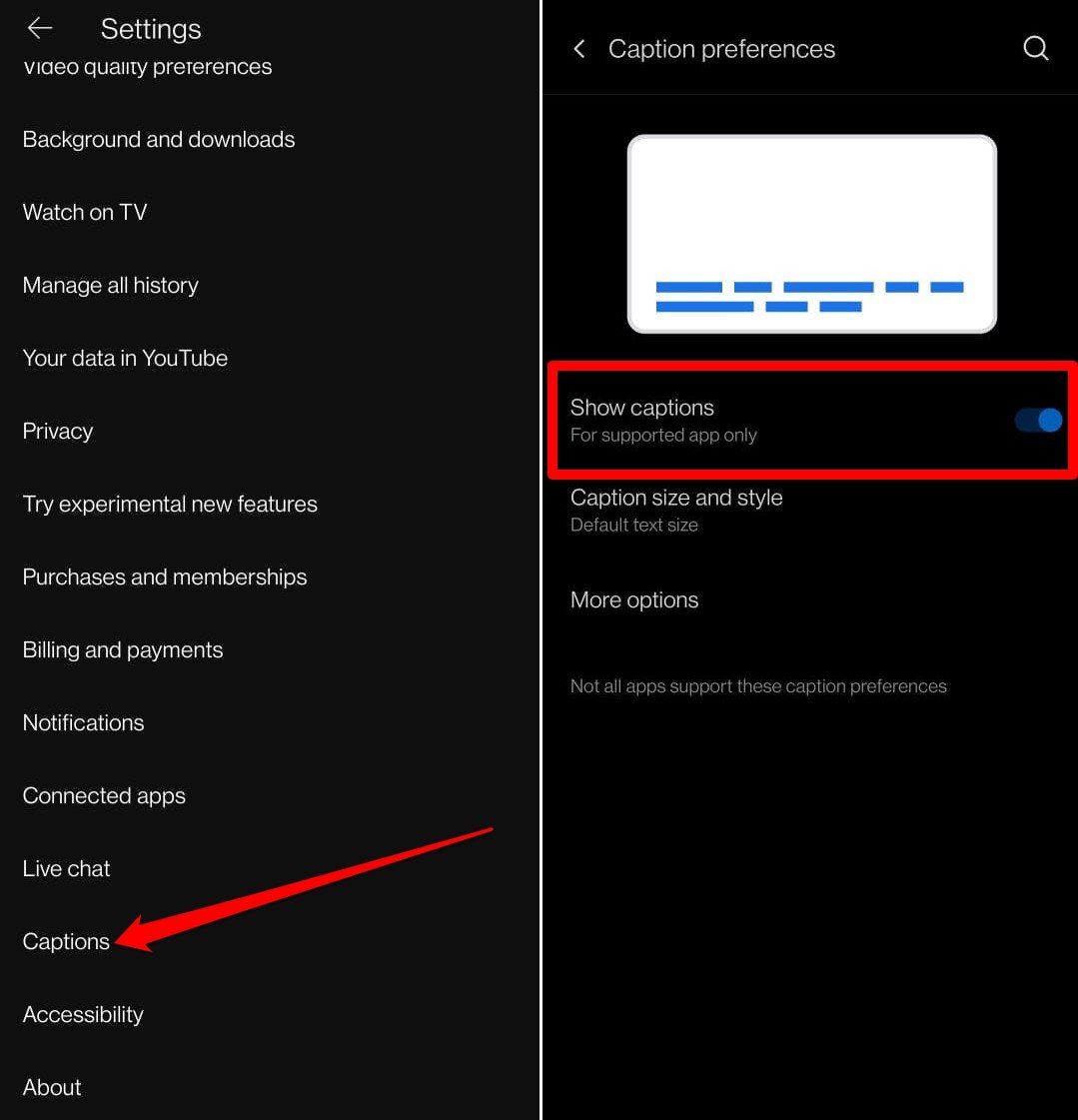 enable auto generated captions for YouTube android