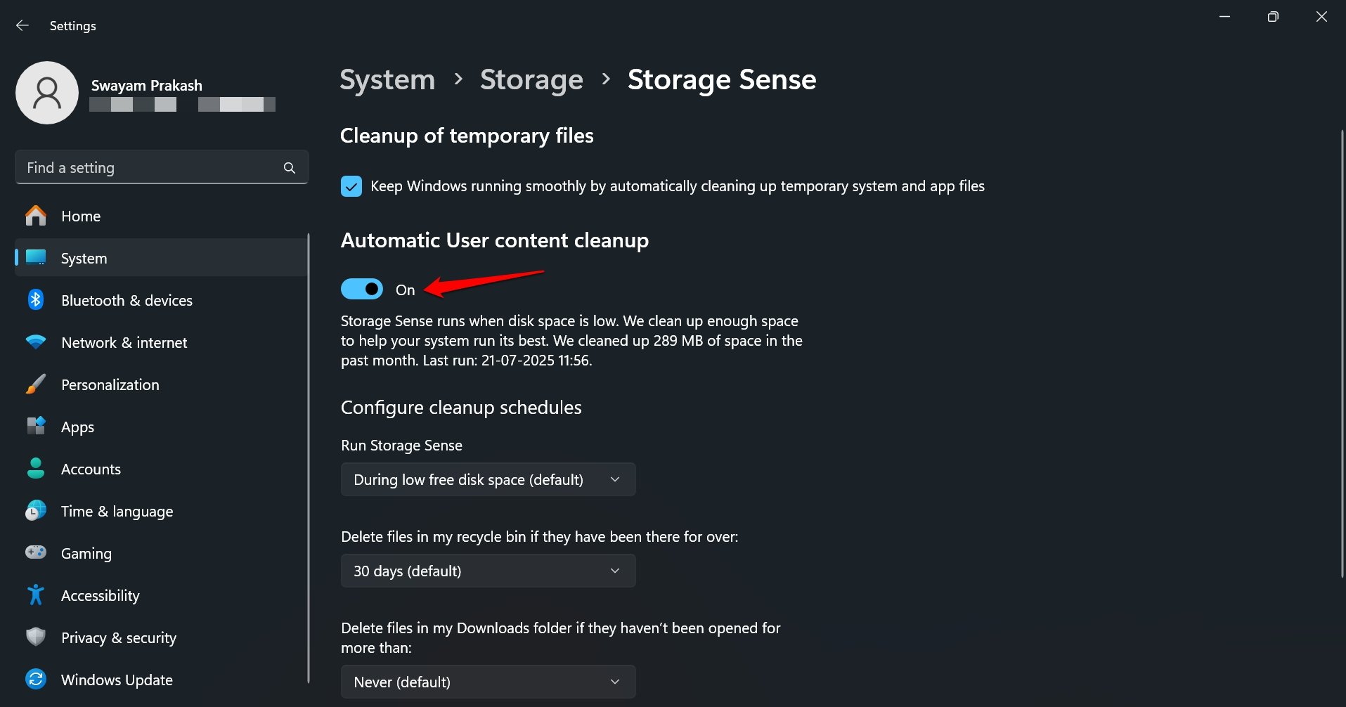 enable automatic cleanup of temporary files on Windows 11