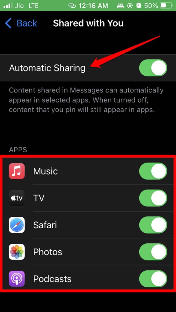 enable automatic sharing in shared with You