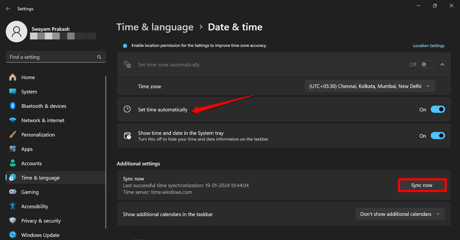 enable automatic time and sync time in Windows 11