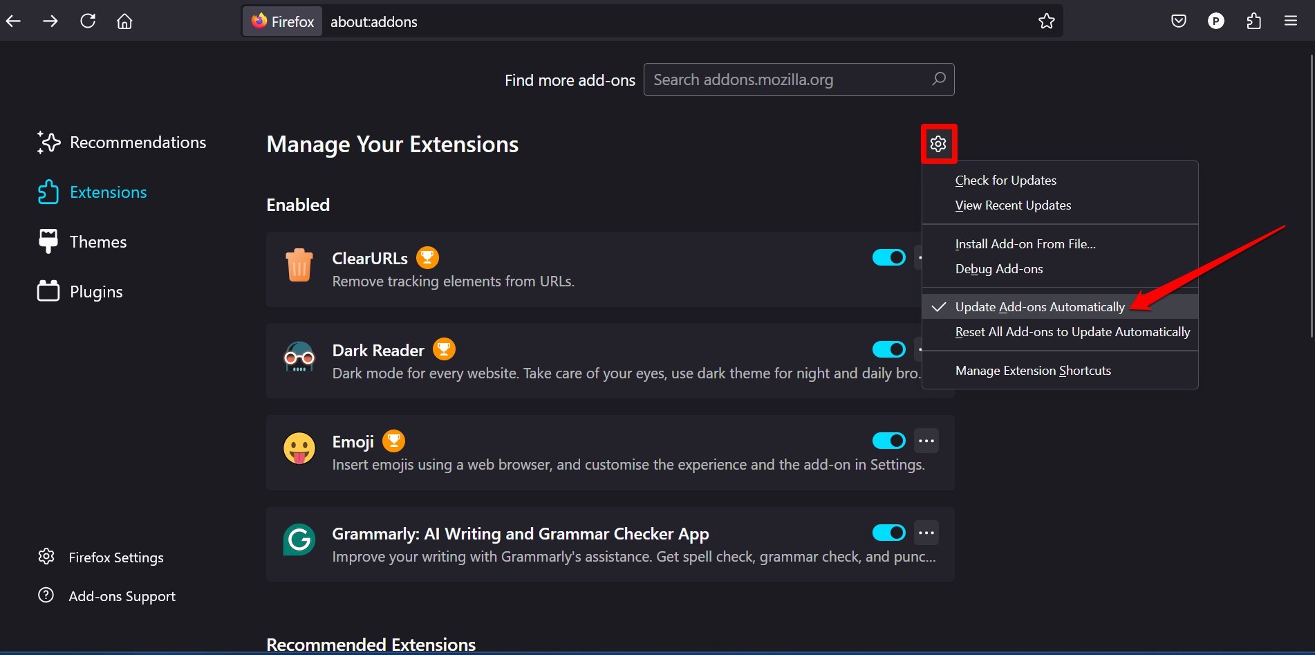 enable automatic update for addons in Firefox