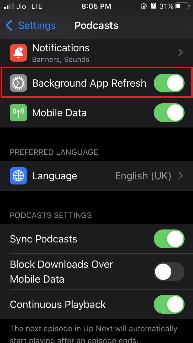 enable background app refresh on Apple Podcasts