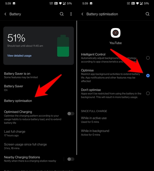 enable battery optimization on youtube android