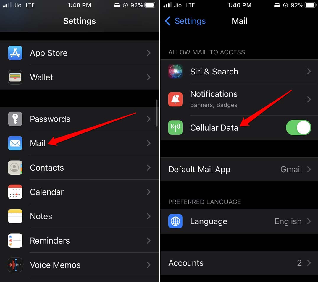 enable cellular data for Apple Mail app iOS
