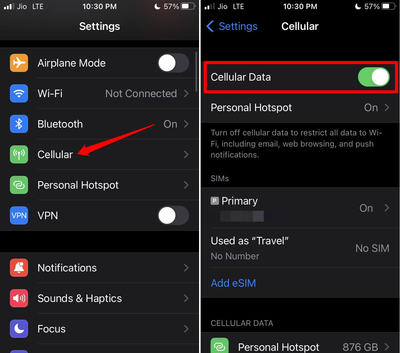 enable cellular data on the iPhone