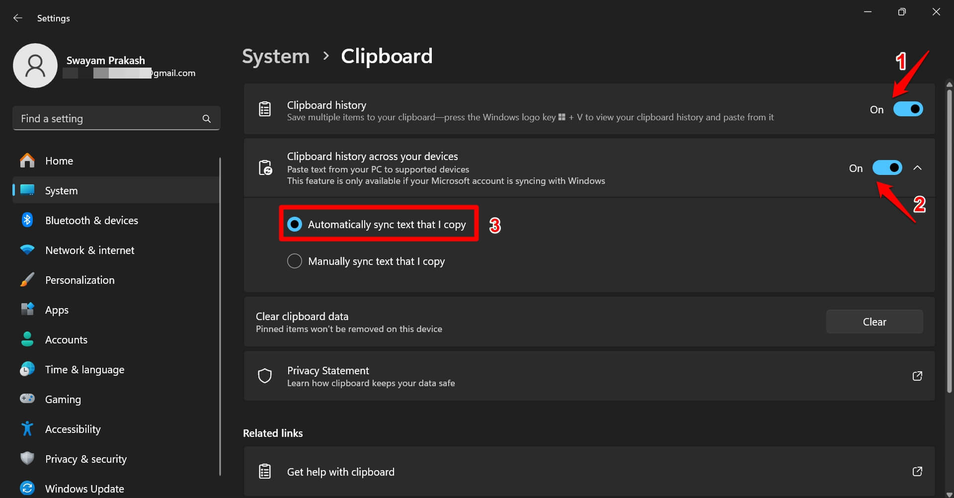 enable-clipboard-history and clipboard sync in Windows 11 settings