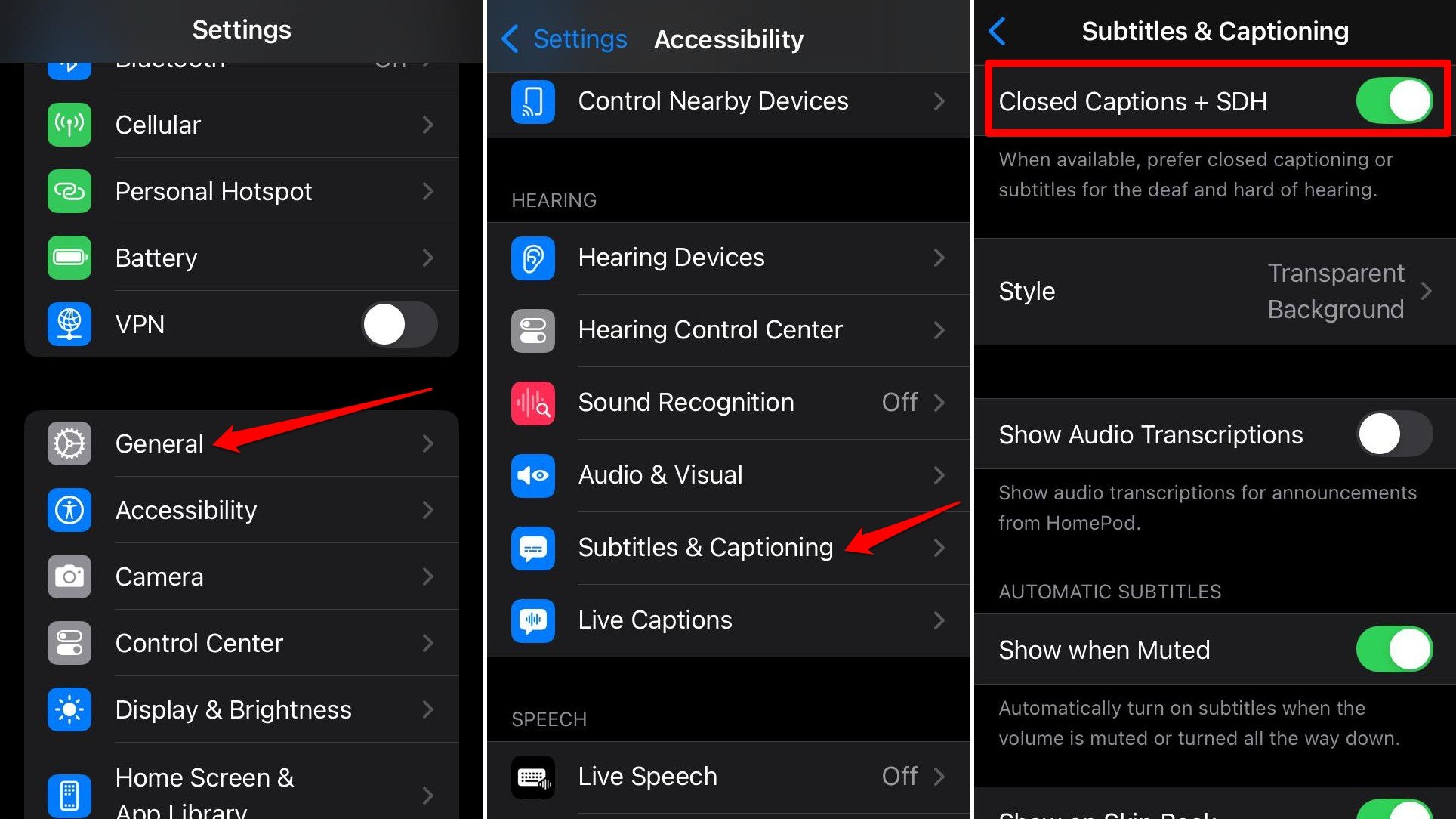 enable closed captions in iPhone