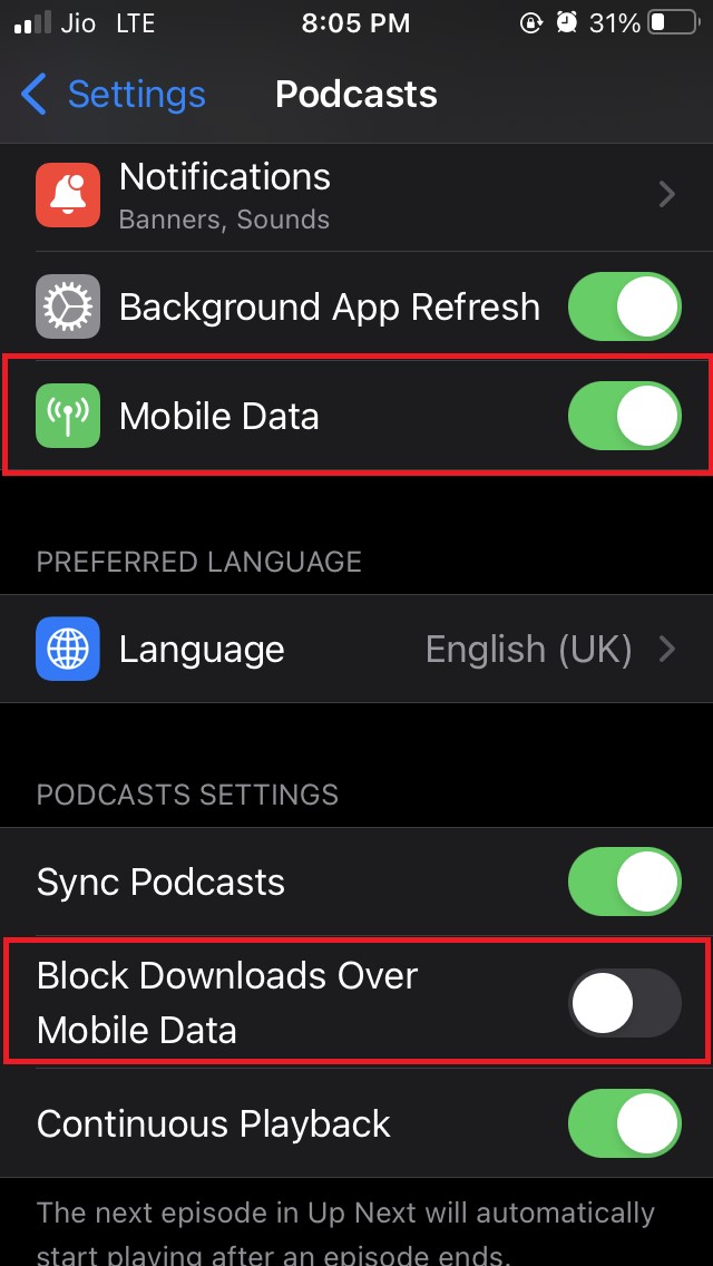 enable downloading Apple Podcasts over mobile data