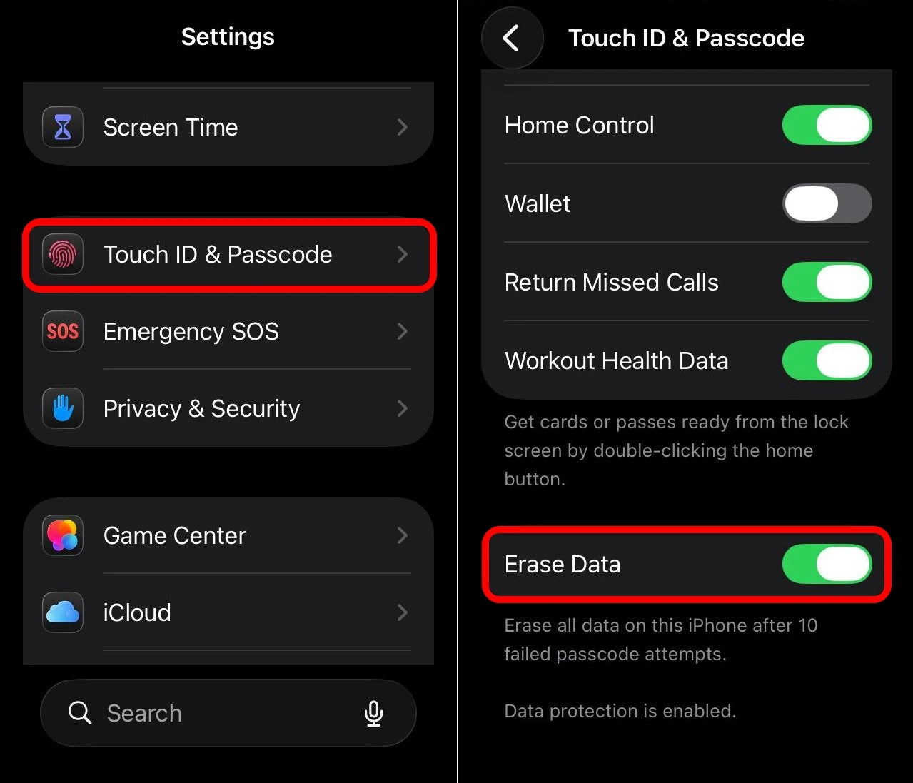 enable erase all data on iPhone