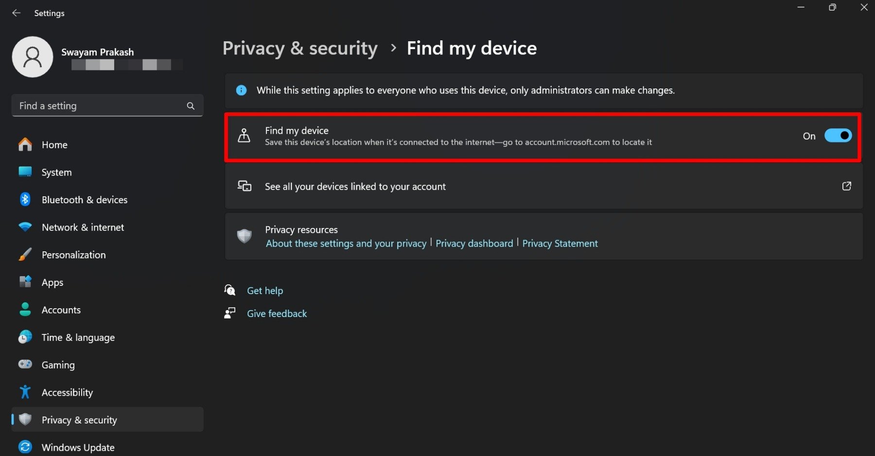 enable find my device on Windows 11