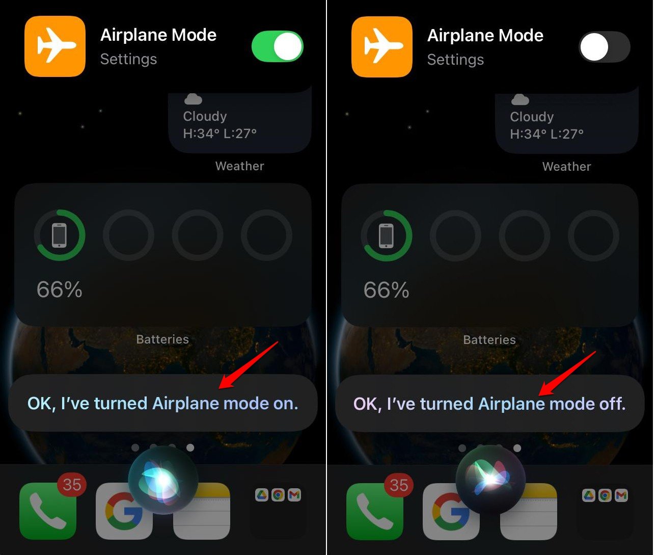 enable flight mode on iPhone using Siri