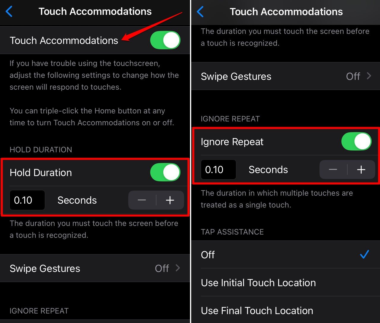 enable hold duration on iPhone