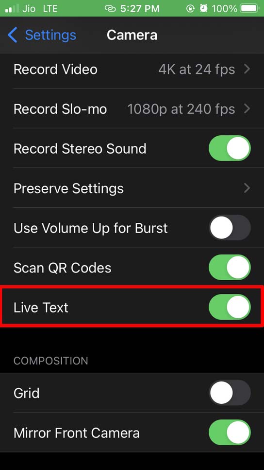 enable live text on iPhone