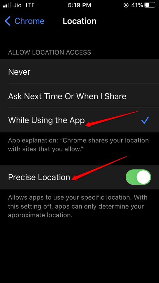 enable location permission for Chrome on iPhone