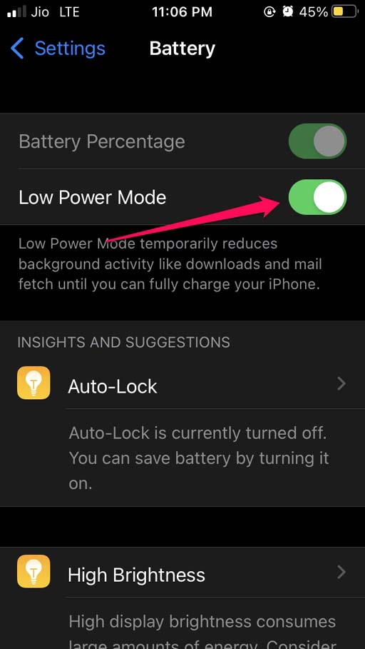 enable low power mode iOS battery
