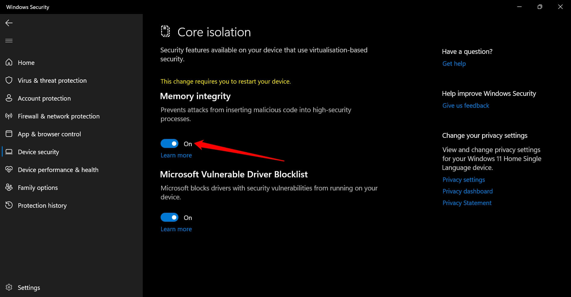 enable memory integrity on Windows 11
