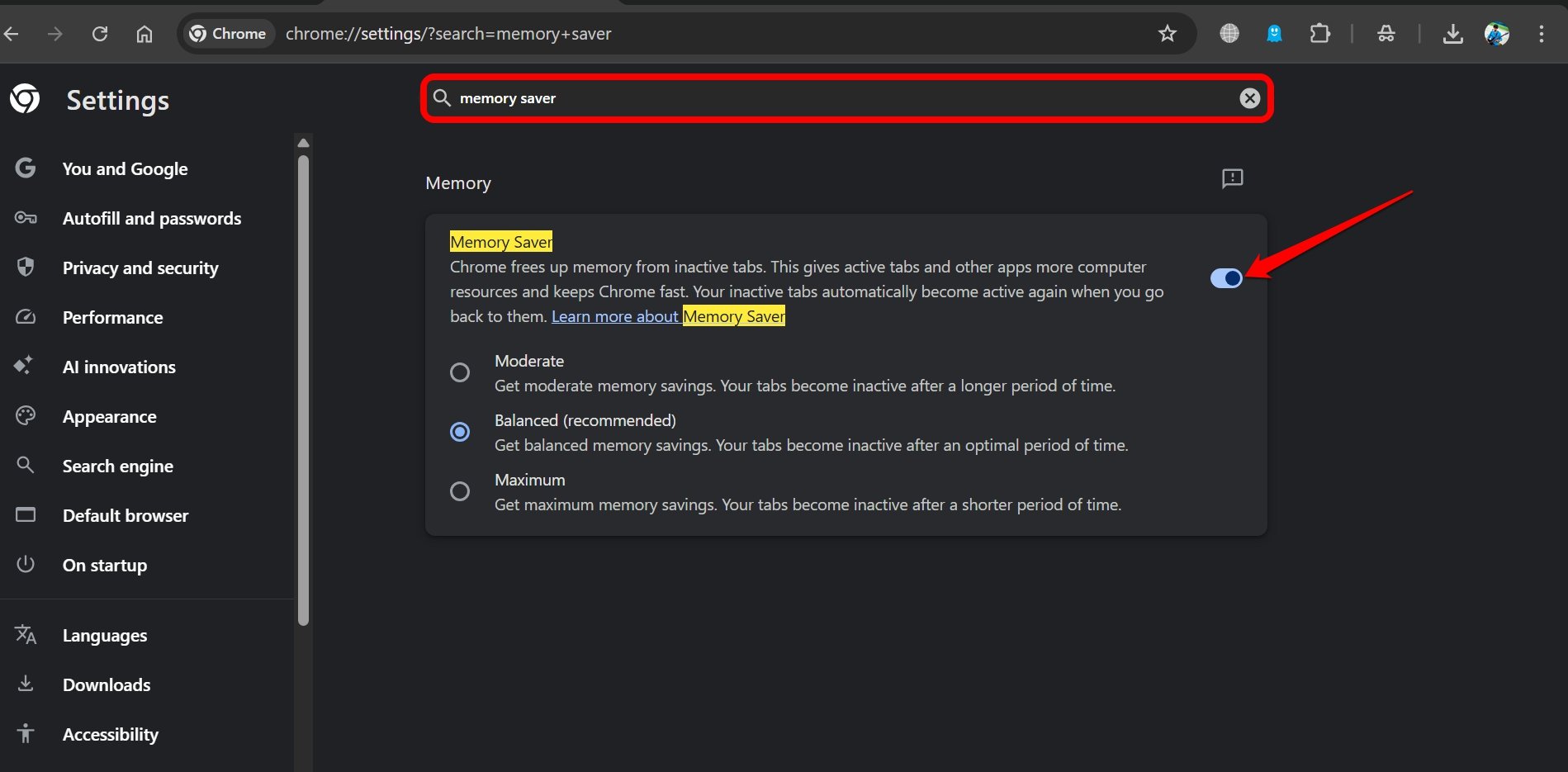 enable memory saver on Chrome