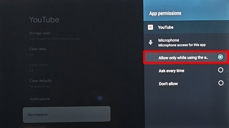 enable-mic-permission for YouTube app on Android TV