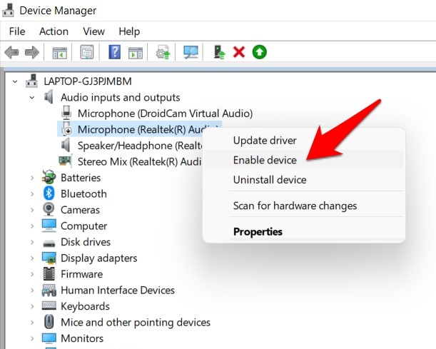enable microphone from device manager in windows 11