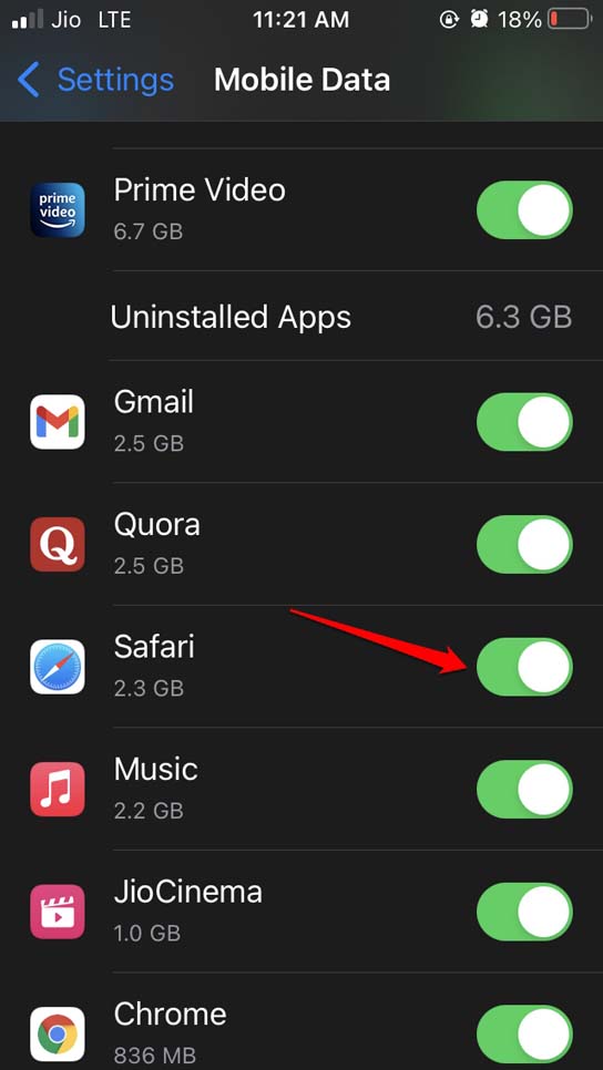 enable mobile data for Safari