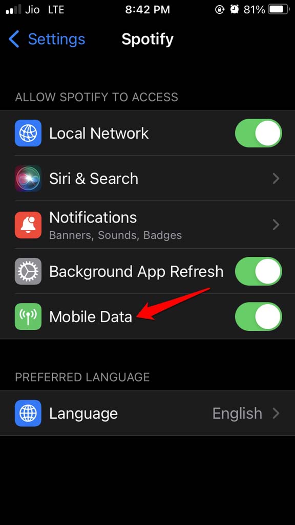 enable mobile data for Spotify
