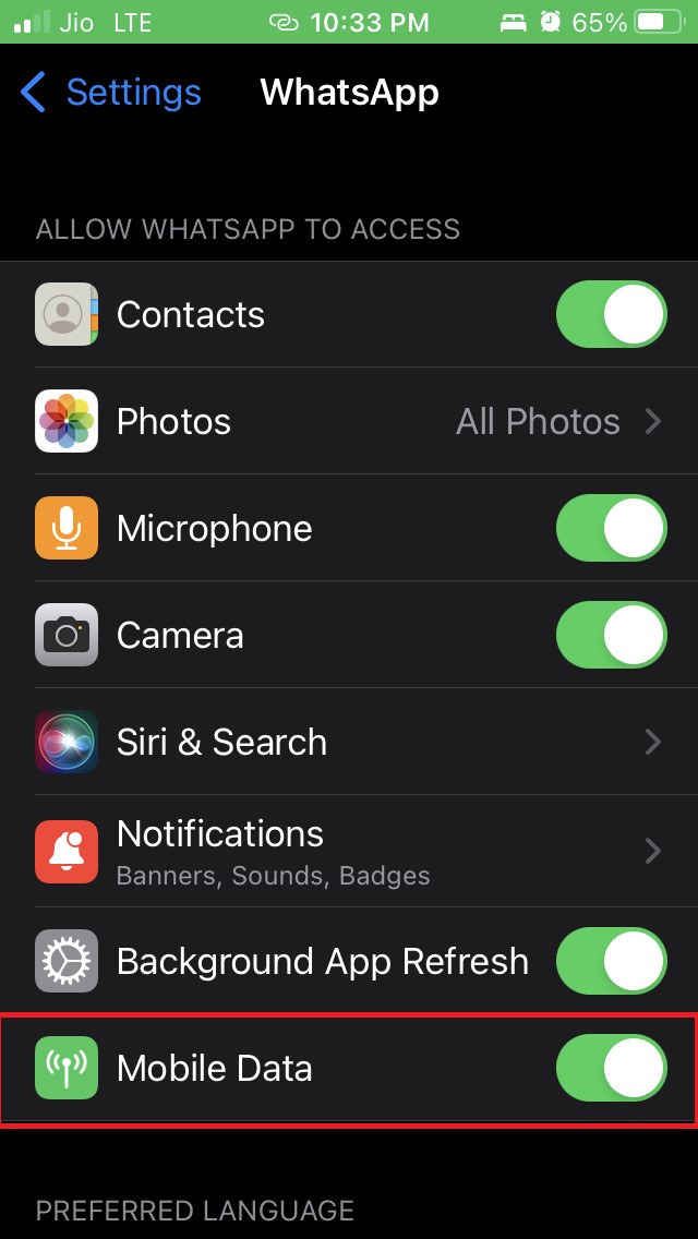 enable mobile data for WhatsApp