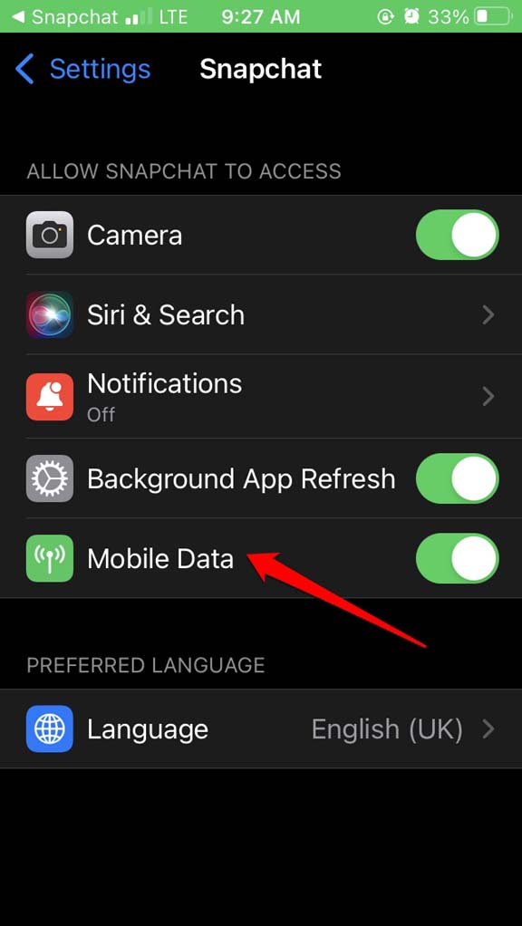 enable-mobile data for snapchat