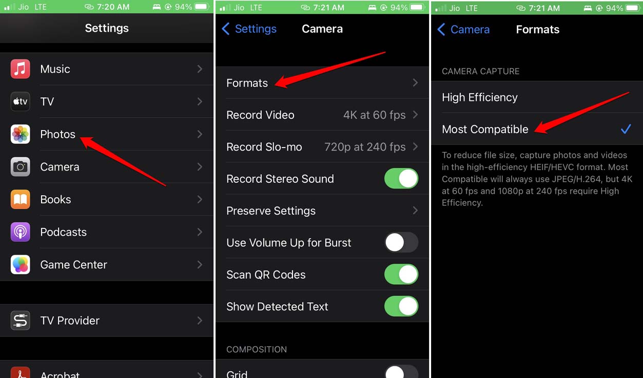 enable most compatible format for iPhone photos