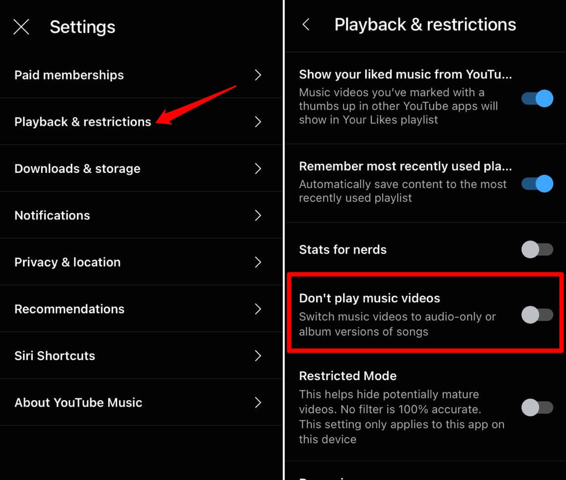 enable music video playback on YouTube music 