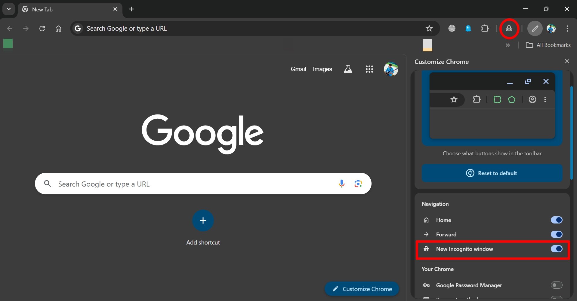 enable new incognito window shortcut on Chrome