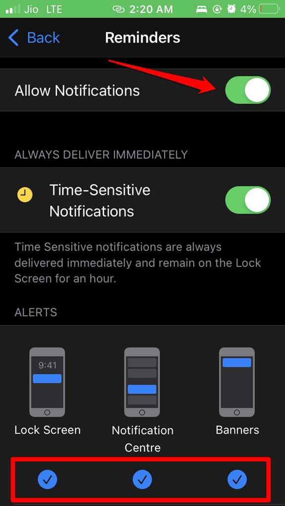 enable notifications for the reminders app