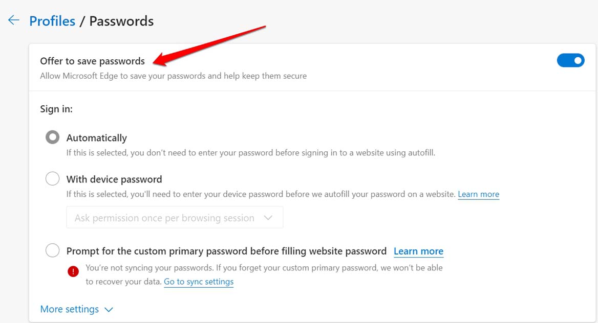 enable offer to save passwords on Edge