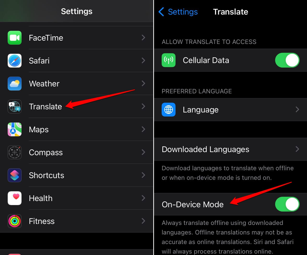 enable on device mode for iOS Translate app
