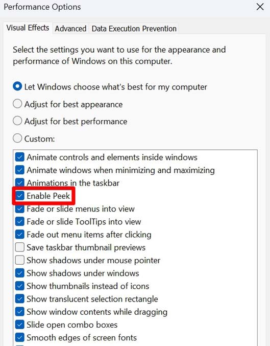 enable peek Windows 11