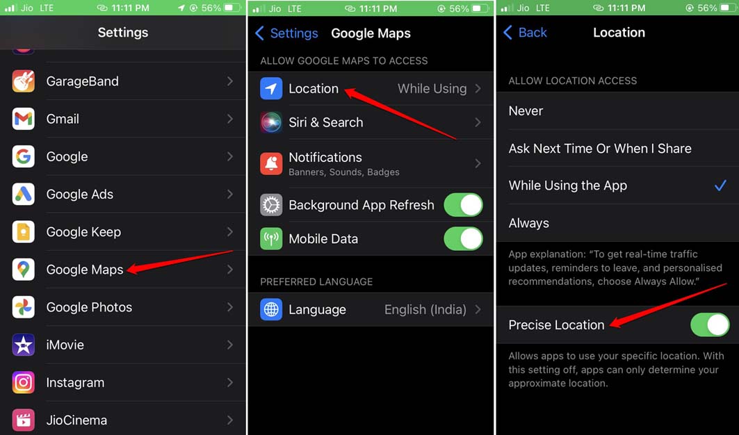 enable precise location Google maps iOS