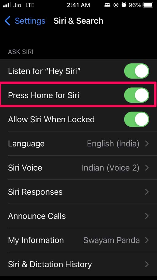enable press Home for Siri