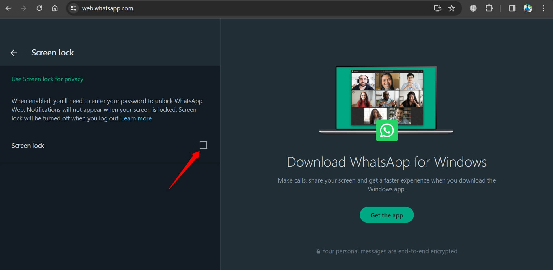 включить блокировку экрана в веб-версии WhatsApp