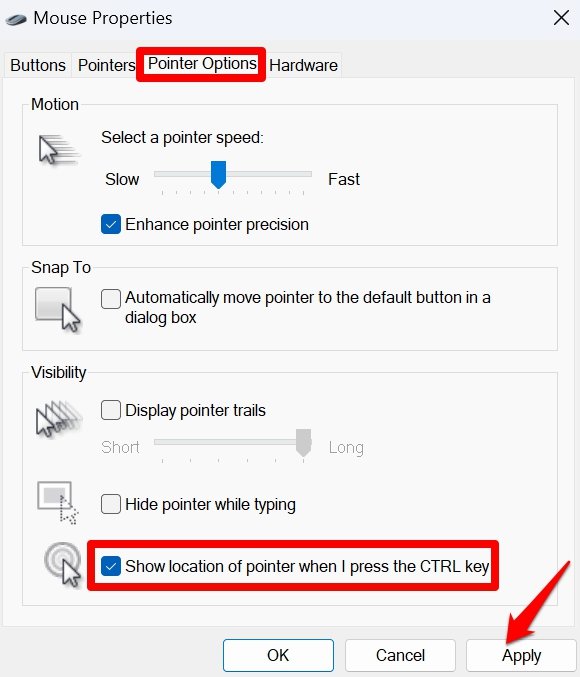 enable how pointer location by pressing ctrl key