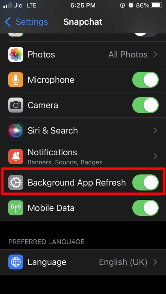 enable snapchat app background refresh
